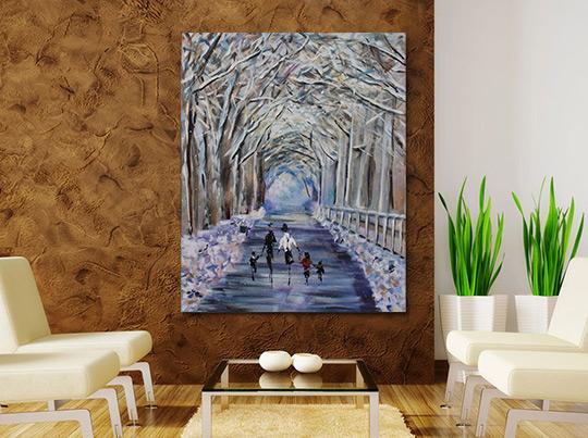 family walking under trees