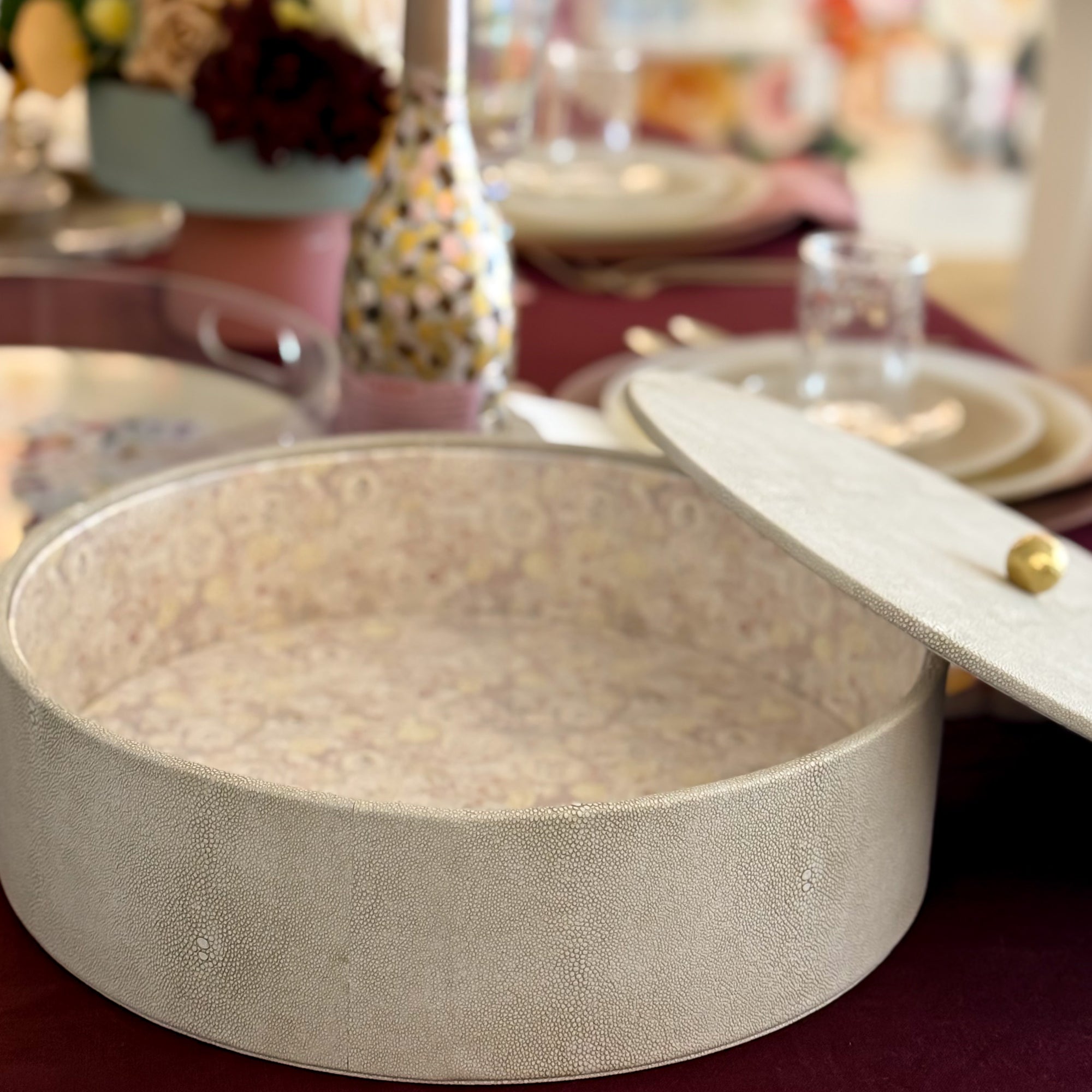 Shagreen Round Matzah Box | Rosewood