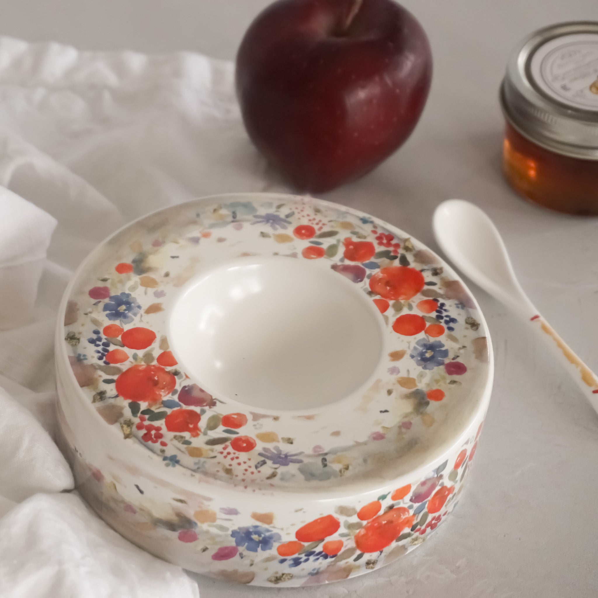 Karashi Israeli popular enameled and jeweled pomegranate shape honey dish. Marked. Jewish Rosh Hashanah honey dish