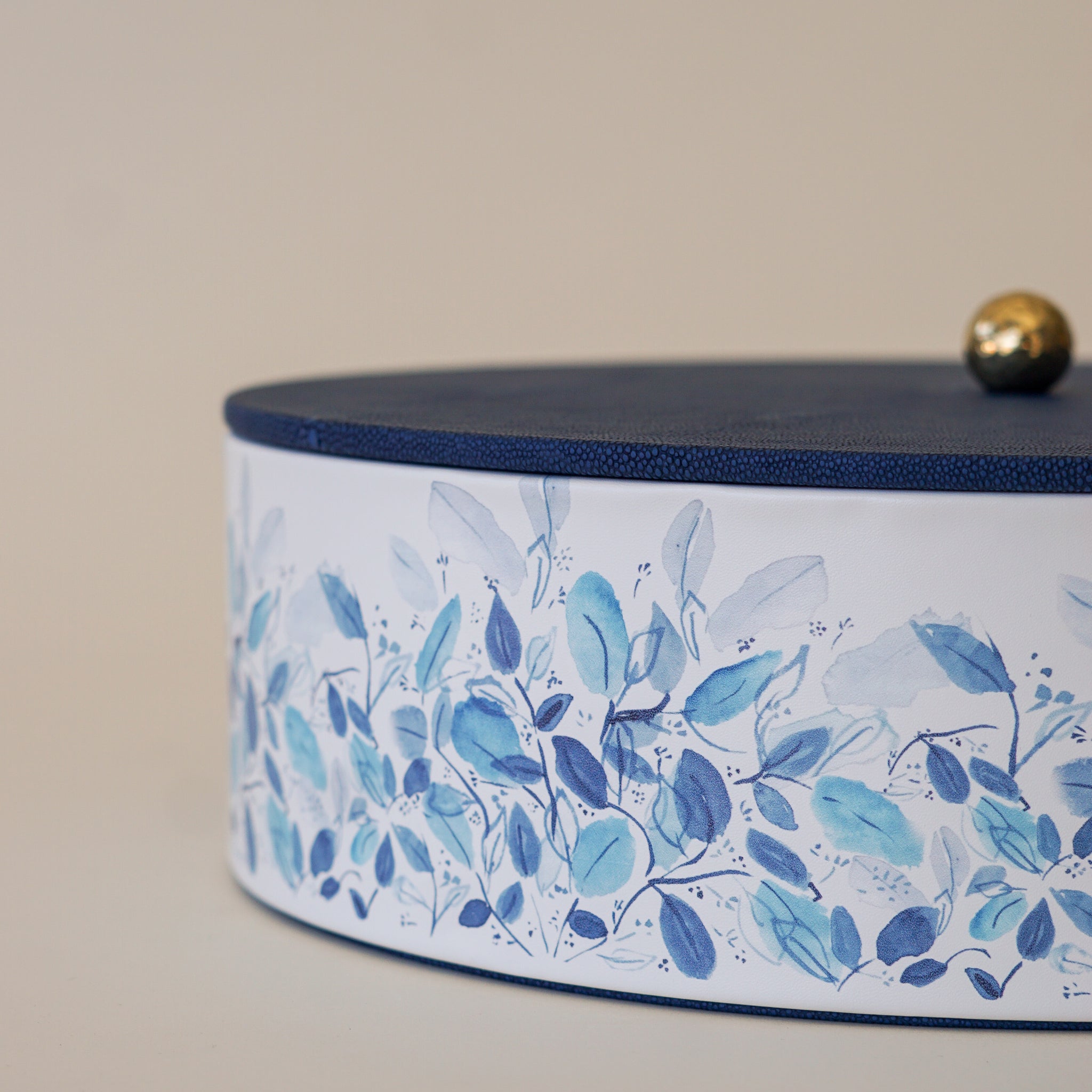 Leather Round Matzah Box | Blue Leaves