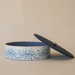 Leather Round Matzah Box | Blue Leaves