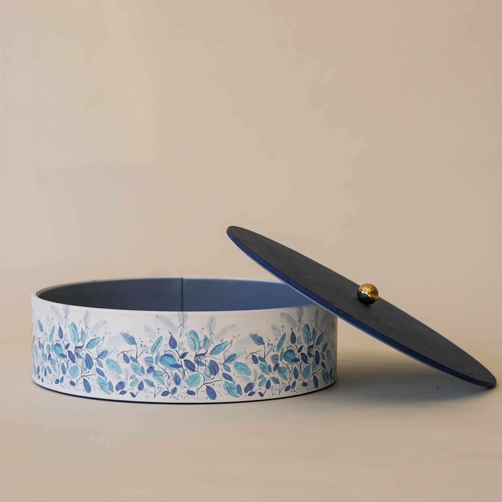 Leather Round Matzah Box | Blue Leaves
