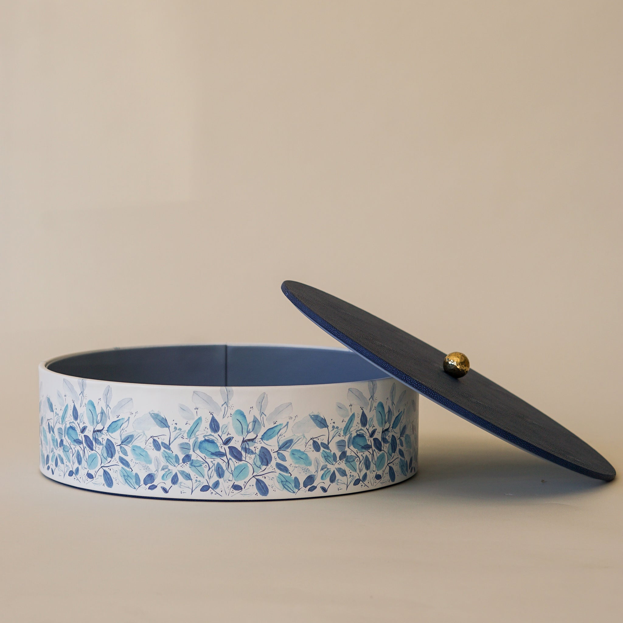 Leather Round Matzah Box | Blue Leaves