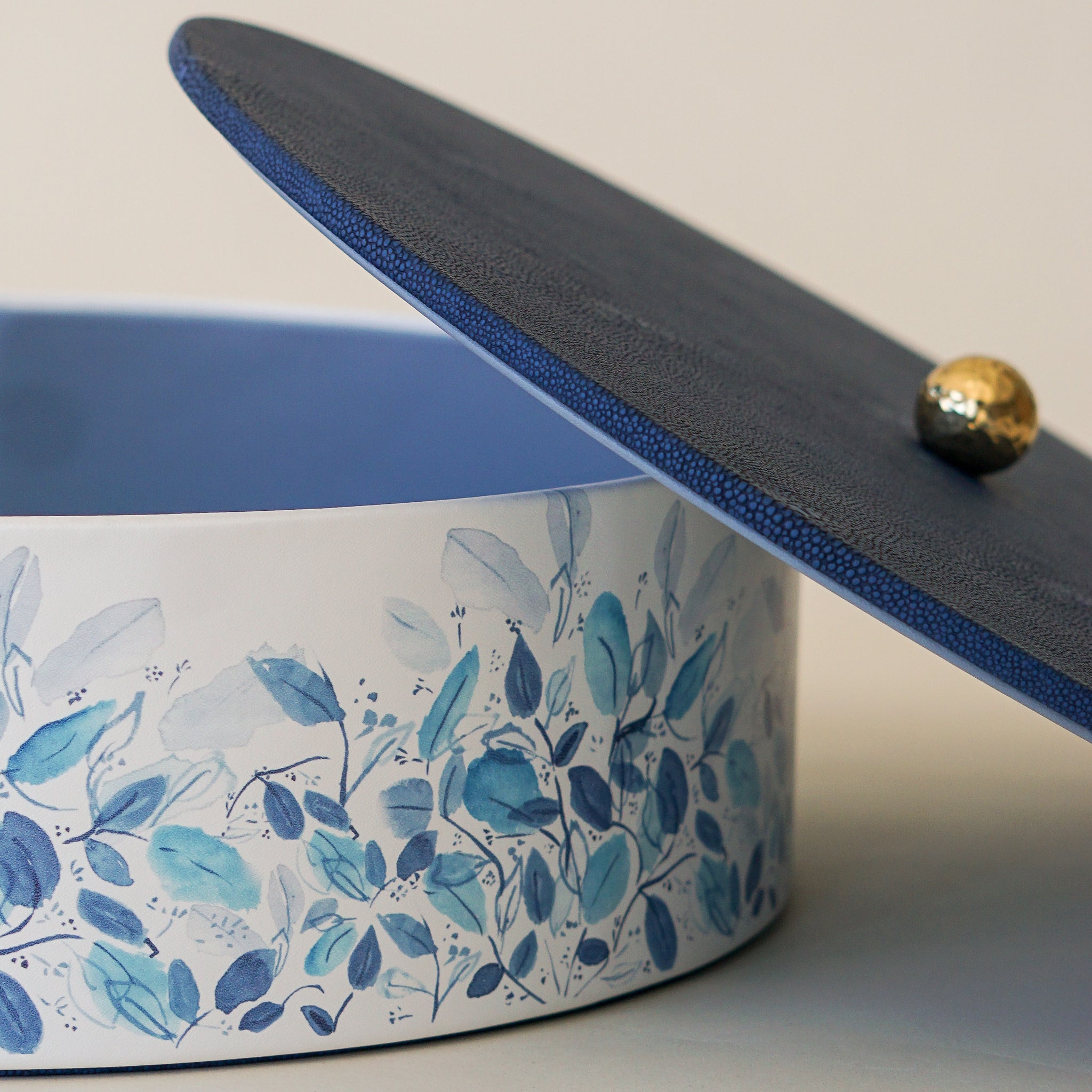 Leather Round Matzah Box | Blue Leaves